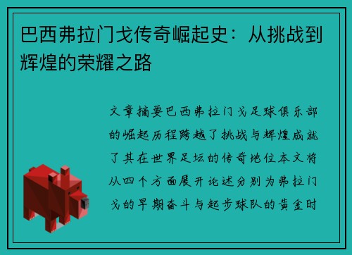 巴西弗拉门戈传奇崛起史：从挑战到辉煌的荣耀之路