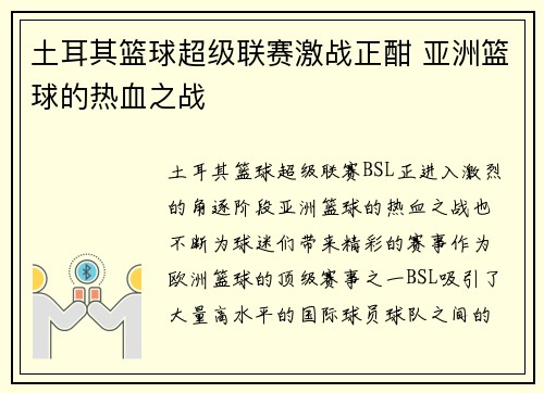 土耳其篮球超级联赛激战正酣 亚洲篮球的热血之战