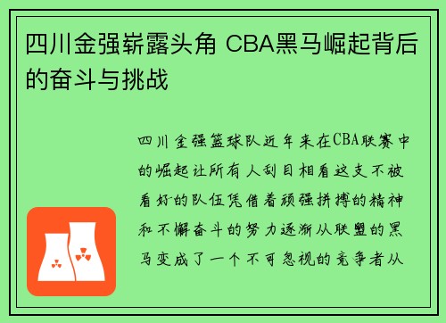 四川金强崭露头角 CBA黑马崛起背后的奋斗与挑战